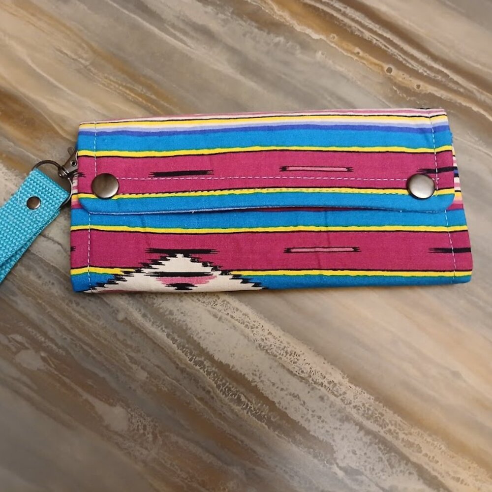 New Western Clutch Wristlet Wallet Fuscia Turquois Geometric Trifold Zippy Pouch